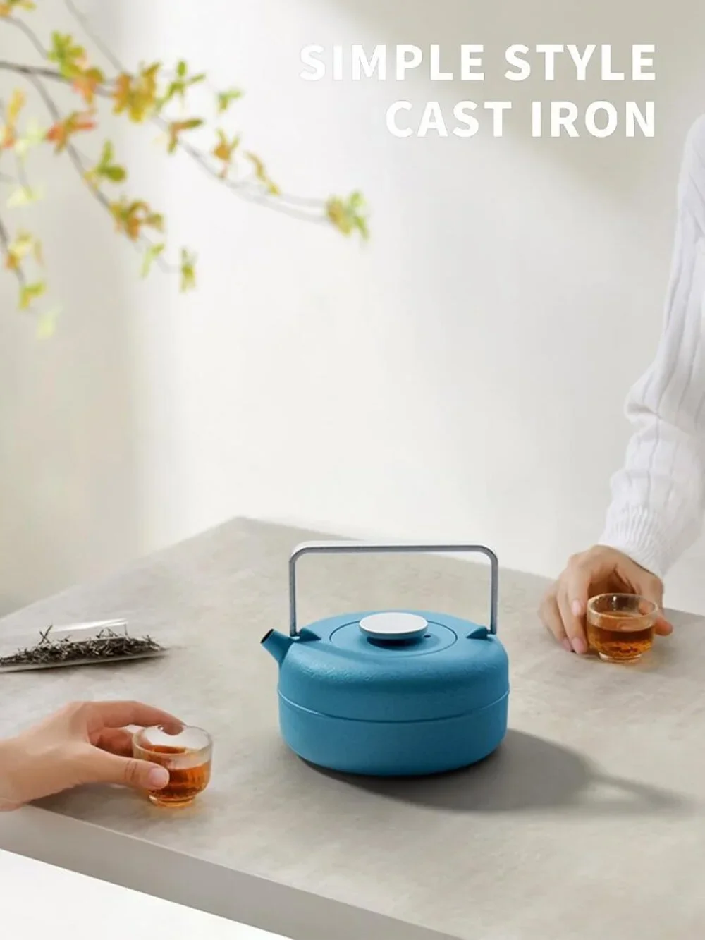 Blue Cast Iron Kitchen Tea pot With Infuser 27oz Enameled Stovetop Kettles
